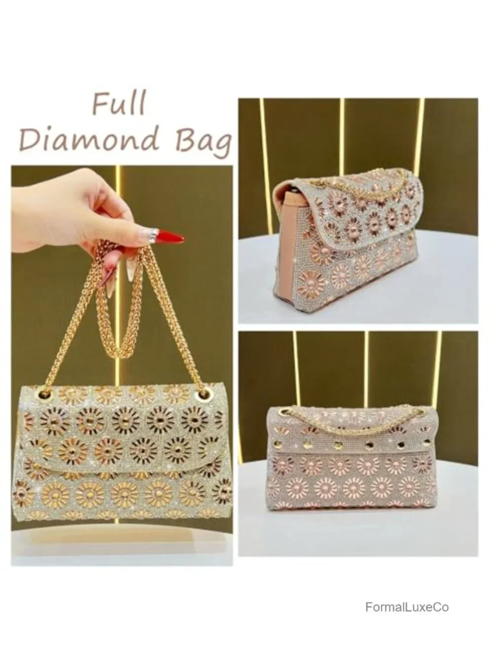 Faux Leather Rhinestone Evening Clutch Crossbody Bag Chain Strap Formal Handbag